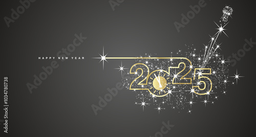 2025 Happy New Year. Clock countdown. 2025 in the form of a line design with champagne cork with shining sparkle firework golden white black banner vector