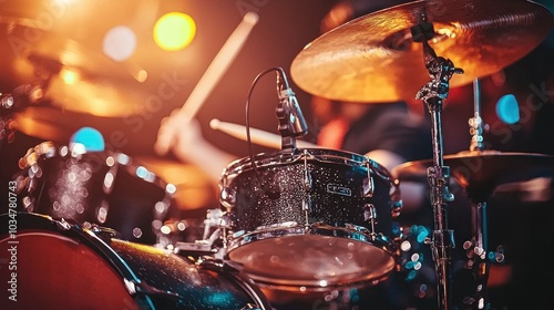 A close up of a drum set with a microphone on the snare drum