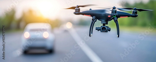 A drone is flying over a car on a road. The drone is black and has a camera on it. The car is white and is in the background. The scene is dynamic and exciting