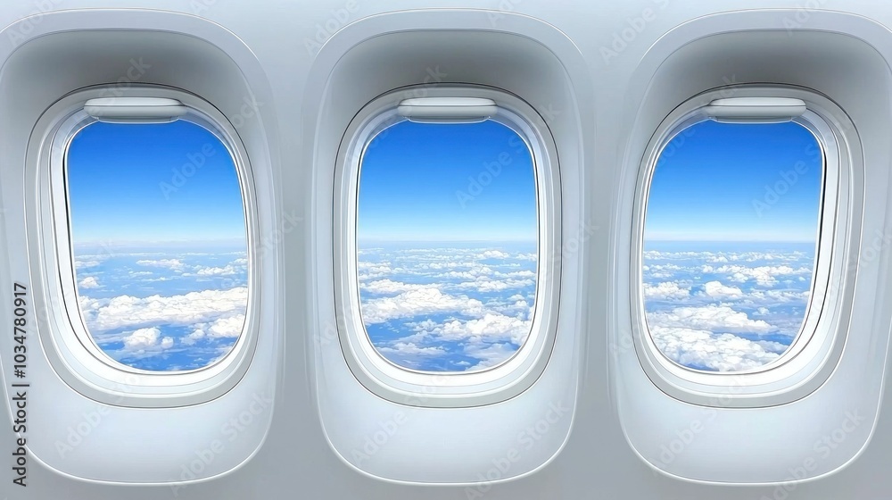 Fototapeta premium Three airplane windows with a blue sky and clouds