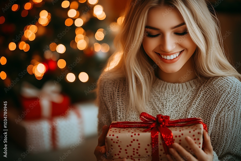 a happy blonde woman opening Christmas : Generative AI a happy blonde woman opening Christmas : Generative AI
