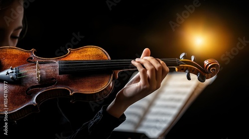 A woman is playing a violin with a sheet of music in front of her