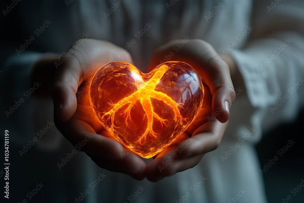 A stunning image featuring a luminous heart-shaped object held gently in two hands, radiating with vibrant energy. The glowing veins inside symbolize life, love, and the flow of emotional strength, A stunning image featuring a luminous heart-shaped object held gently in two hands, radiating with vibrant energy. The glowing veins inside symbolize life, love, and the flow of emotional strength,