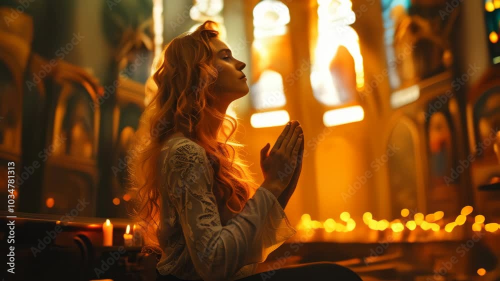 A woman prays in a sunlit church filled with candles in a serene moment of reflection and peace A woman prays in a sunlit church filled with candles in a serene moment of reflection and peace