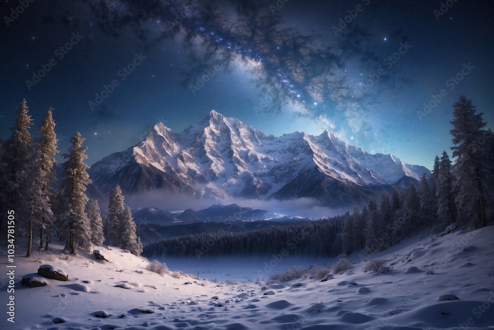 Forest at the foot of the mountain in winter, night full of stars Forest at the foot of the mountain in winter, night full of stars