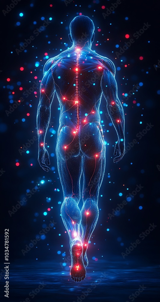 A captivating depiction of a human figure with glowing nerves and a highlighted spine, illustrating the fusion of human biology and advanced technology. The illuminated red and blue lights A captivating depiction of a human figure with glowing nerves and a highlighted spine, illustrating the fusion of human biology and advanced technology. The illuminated red and blue lights
