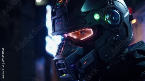 A close-up of a renegade with a futuristic helmet partially removed