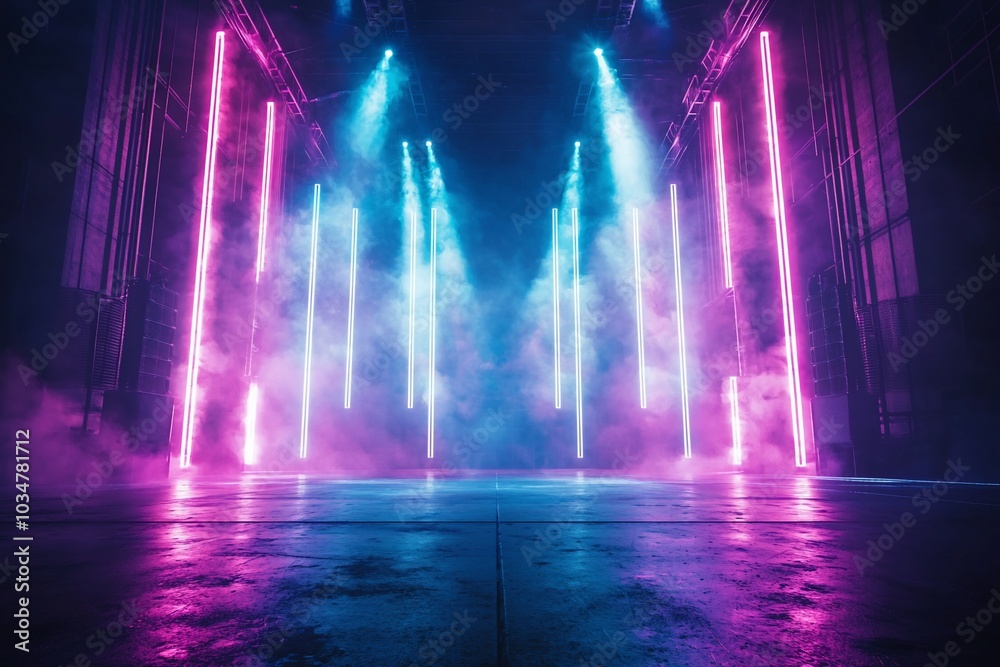 A dark, industrial setting with vibrant pink and blue neon lights creating a dramatic, futuristic atmosphere. A dark, industrial setting with vibrant pink and blue neon lights creating a dramatic, futuristic atmosphere.