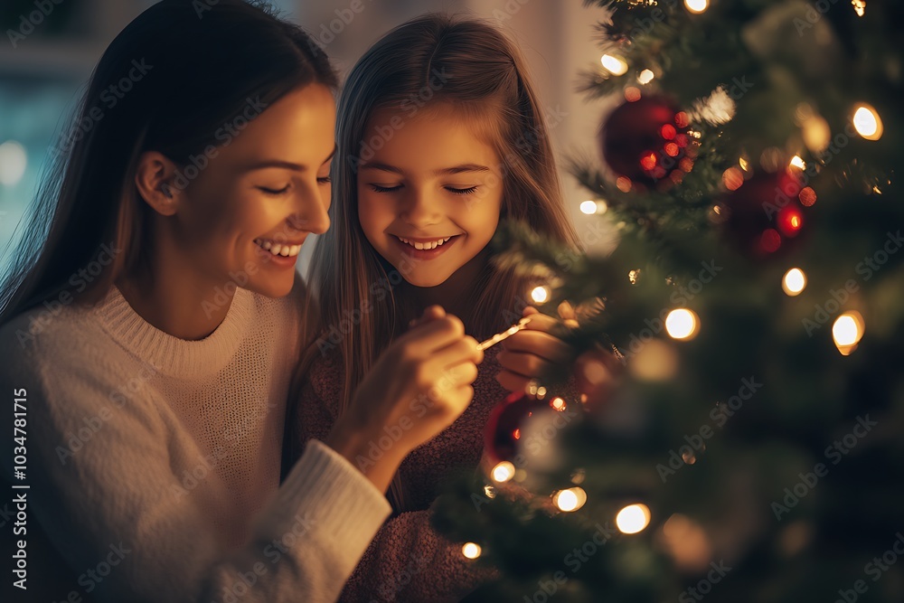 Happy mother and daughter decorating a Christmas tree in the living room at home : Generative AI Happy mother and daughter decorating a Christmas tree in the living room at home : Generative AI