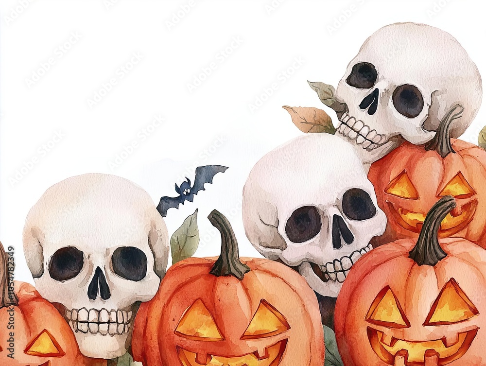 Whimsical Halloween illustration featuring cheerful pumpkins and playful skulls perfect for seasonal celebrations. Whimsical Halloween illustration featuring cheerful pumpkins and playful skulls perfect for seasonal celebrations.