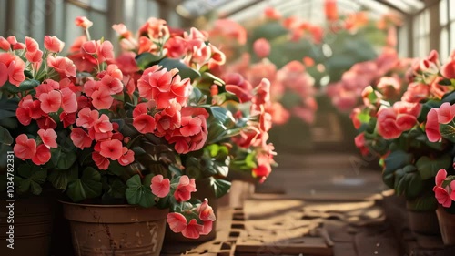 Exploring a vibrant greenhouse filled with blooming begonias during a sunny afternoon in spring