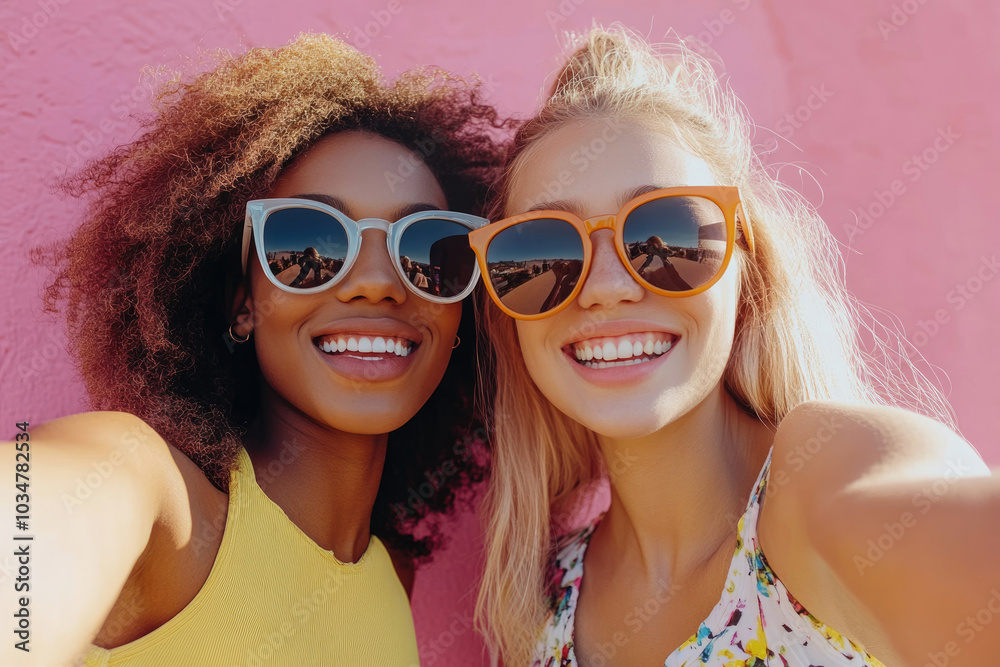 Two young women taking selfies with a pink background Two young women taking selfies with a pink background