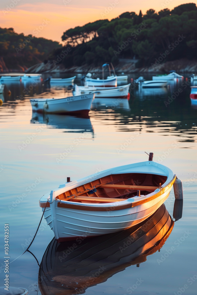 Tranquil harbor scene with sleek private boats during golden hour, perfect for text placement Tranquil harbor scene with sleek private boats during golden hour, perfect for text placement