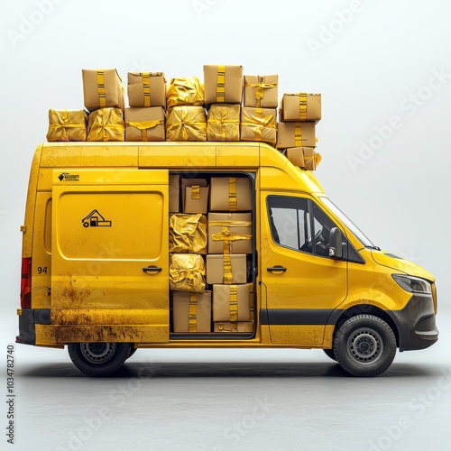Yellow delivery van overloaded with numerous packages, symbolizing fast shipping and logistics challenges against a plain background.