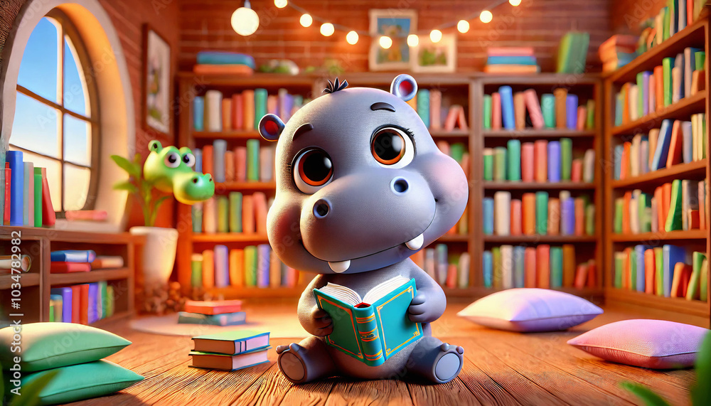 A playful snarky baby hippo enjoying storytime in a cozy library filled with colorful books and soft cushions A playful snarky baby hippo enjoying storytime in a cozy library filled with colorful books and soft cushions