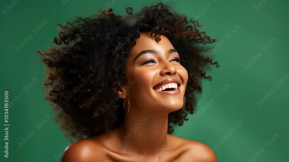 Joyful woman with curly hair laughing against a vibrant green background in a natural and candid moment Joyful woman with curly hair laughing against a vibrant green background in a natural and candid moment