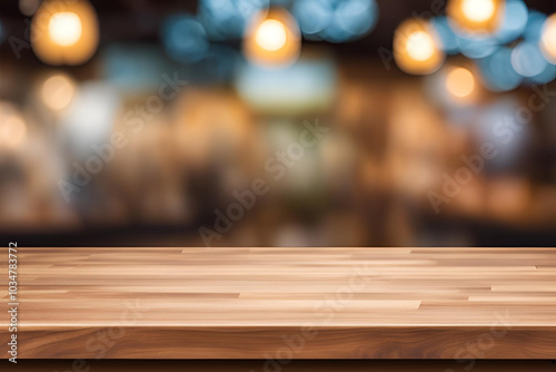 Table and blur background, Wooden counter over blur bokeh light background, Brown wood table top, shelf for food and retail shop, store product display backdrop, banner, mockup, template