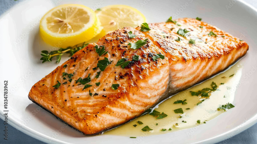 Juicy salmon fillet with crispy skin, garnished with herbs and served with lemon slices. delicious and healthy meal option. Juicy salmon fillet with crispy skin, garnished with herbs and served with lemon slices. delicious and healthy meal option.