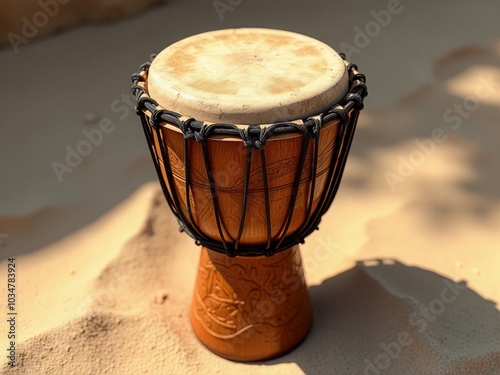 Wooden drum with a black cord around it is sitting on a sandy beach photo