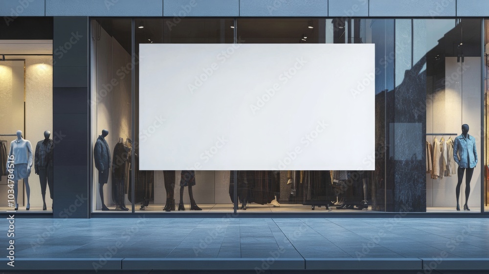 A sleek urban storefront features a prominent empty display board surrounded by mannequins dressed in stylish apparel. The contemporary design and reflective glass add to the storefront's allure. A sleek urban storefront features a prominent empty display board surrounded by mannequins dressed in stylish apparel. The contemporary design and reflective glass add to the storefront's allure.