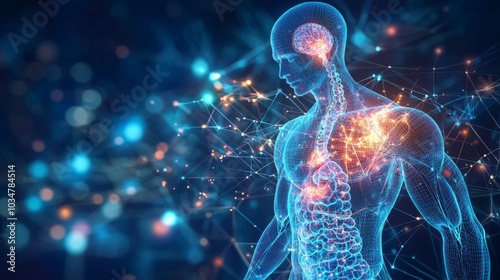 A holographic scan of a human body's hormone production, with glowing projections of the endocrine glands in actionn