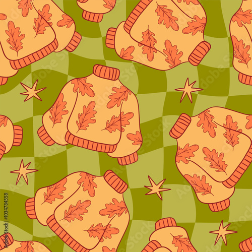 Autumn Sweater Seamless Pattern with Oak Leaves