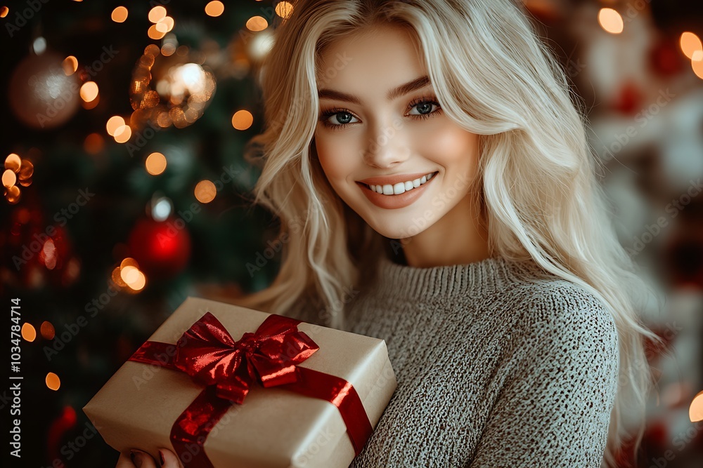 a blonde woman opening Christmas present boxes at home : Generative AI a blonde woman opening Christmas present boxes at home : Generative AI