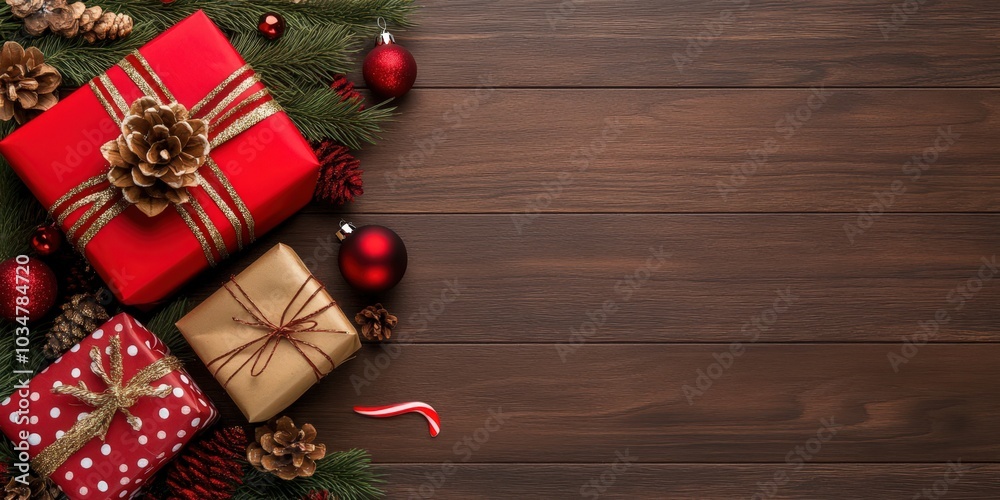 Festive Christmas Presents on Rustic Wooden Background Festive Christmas Presents on Rustic Wooden Background