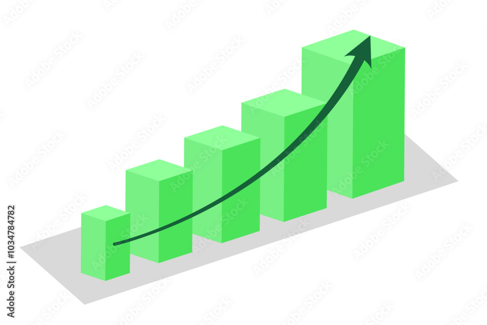 Green 3D bar chart with upward arrow showing growth or progress in flat vector design Green 3D bar chart with upward arrow showing growth or progress in flat vector design