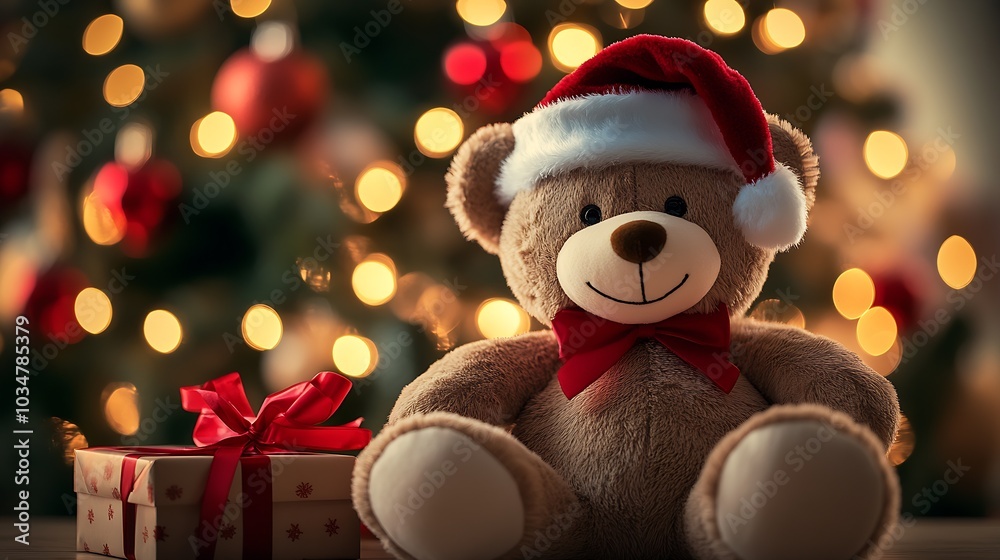 a soft and cuddly teddy bear dressed in a festive Santa hat : Generative AI a soft and cuddly teddy bear dressed in a festive Santa hat : Generative AI