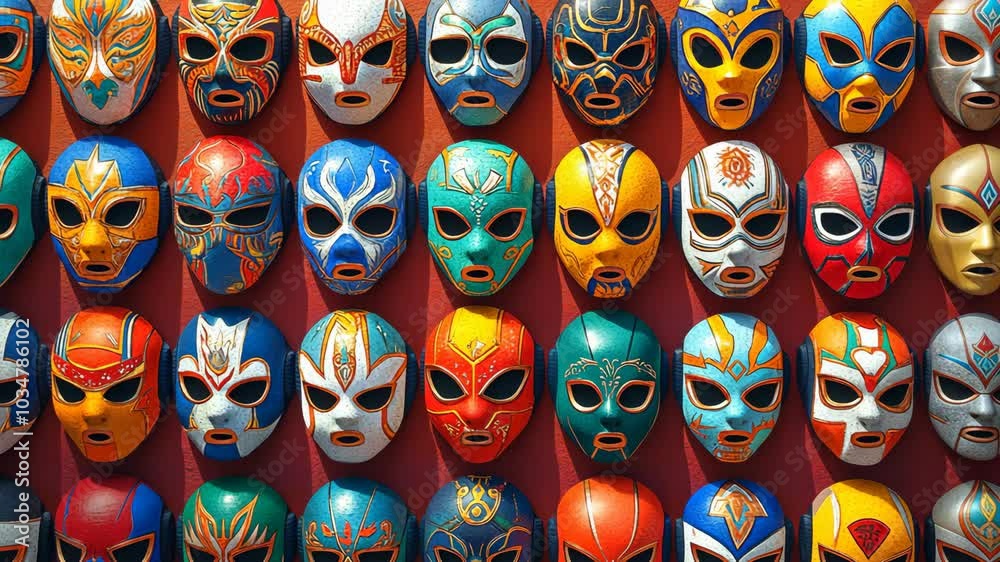 Colorful wrestling masks are displayed on a wall in Mexico