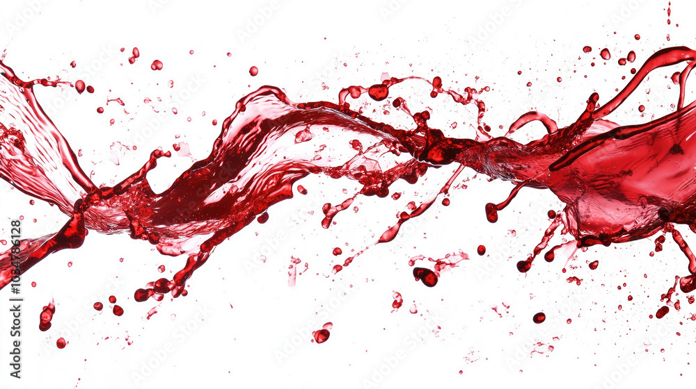 A splash of red wine on a white background.Isolated image creates a dynamic and energetic form,drops flying in all directions.Illustration to represent the passion and excitement of wine drinking.
