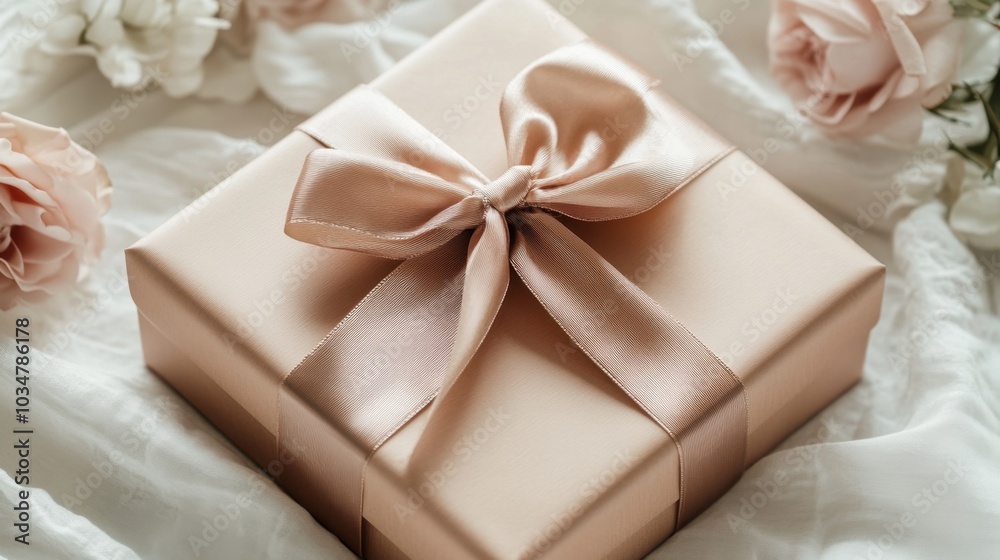 Elegant Gift Box with Satin Ribbon on Soft Fabric Elegant Gift Box with Satin Ribbon on Soft Fabric