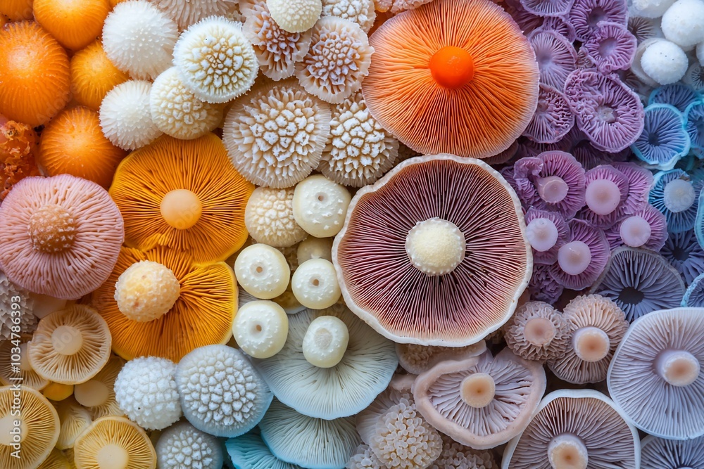 A vibrant and colorful collection of mushrooms in various sizes and textures, creating a visually captivating abstract pattern. A vibrant and colorful collection of mushrooms in various sizes and textures, creating a visually captivating abstract pattern.
