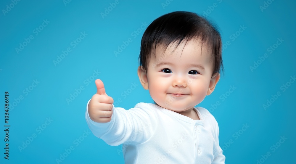 Un bébé asiatique, adorable, souriant, une main avec le pouce levé, portant un body blanc à manches longues, sur un fond isolé bleu, image avec espace pour texte. Un bébé asiatique, adorable, souriant, une main avec le pouce levé, portant un body blanc à manches longues, sur un fond isolé bleu, image avec espace pour texte.