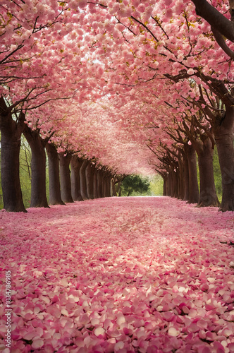 Romantic cherry blossom tree tunnel blooming in spring