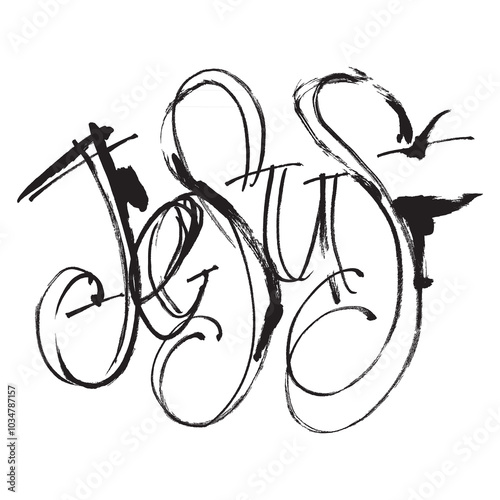 Jesus. The word is written by hand. Lettering. Original font. Art brush stroke