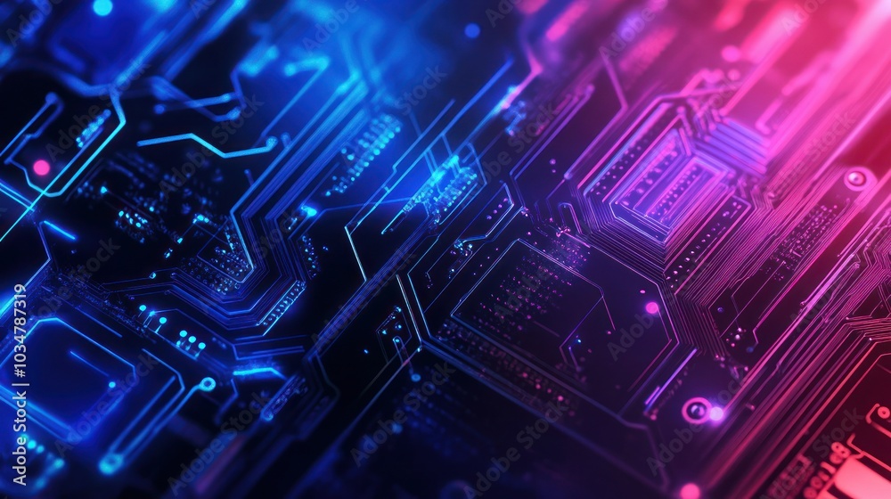 Circuit Board with Glowing Neon Lights Circuit Board with Glowing Neon Lights