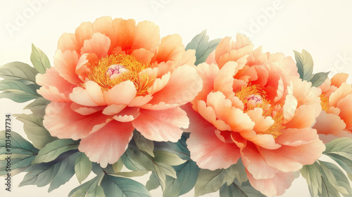 Fototapeta Naklejka Na Ścianę i Meble -  Red peonies are in full bloom, with white background Chinese paintings.