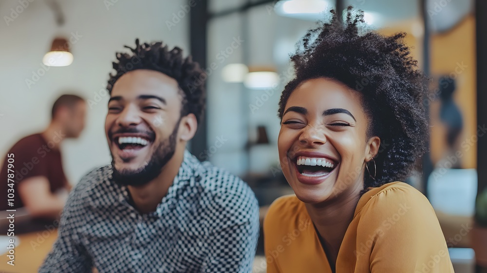 Two friends laughing together, a man and a woman, in a modern office setting. Two friends laughing together, a man and a woman, in a modern office setting.
