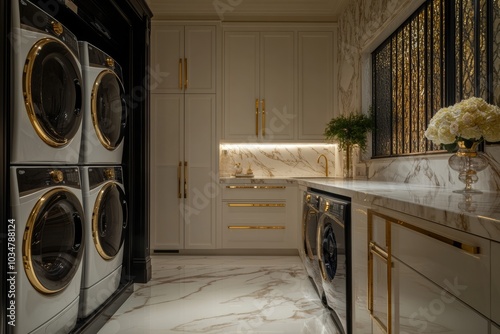 Luxurious Laundry Room with Marble Accents and Stainless Steel Appliances