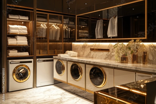 Luxurious Modern Laundry Room with Marble and Golden Accents