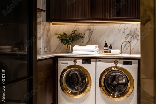 Luxury Laundry Room with Marble and Gold Accents