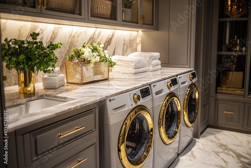 Luxurious Laundry Room with Marble and Gold Accents