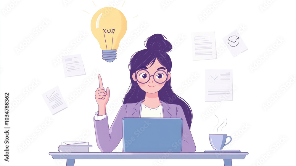 Illustration of a woman at a desk, brainstorming with colorful lightbulbs symbolizing creativity and innovative ideas. Illustration of a woman at a desk, brainstorming with colorful lightbulbs symbolizing creativity and innovative ideas.
