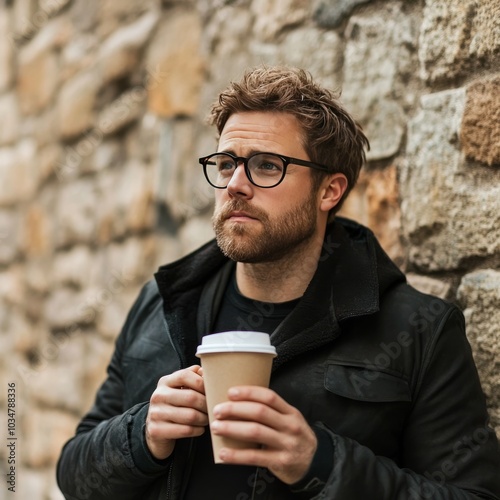 Man in glasses sips coffee over wall #1034788336