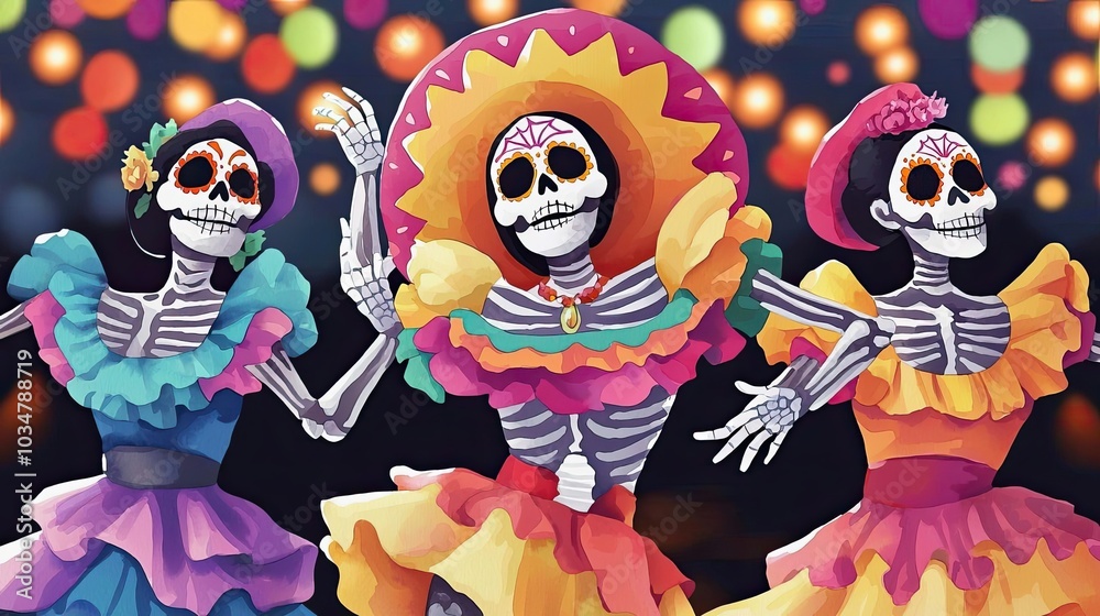 Festive skeletons in colorful dresses celebrating Day of the Dead with vibrant costumes and traditional dance under colorful lights. Festive skeletons in colorful dresses celebrating Day of the Dead with vibrant costumes and traditional dance under colorful lights.