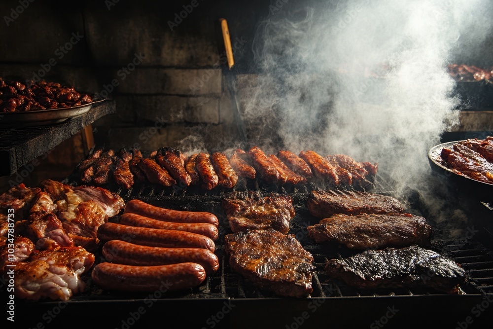 A barbecue pit filled with an assortment of meats, from steaks to ...