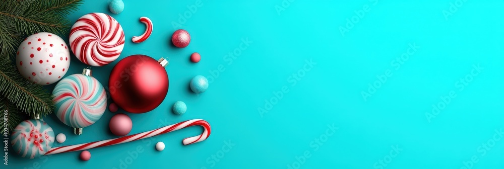 Fototapeta premium Colorful Christmas Decorations on Blue Background