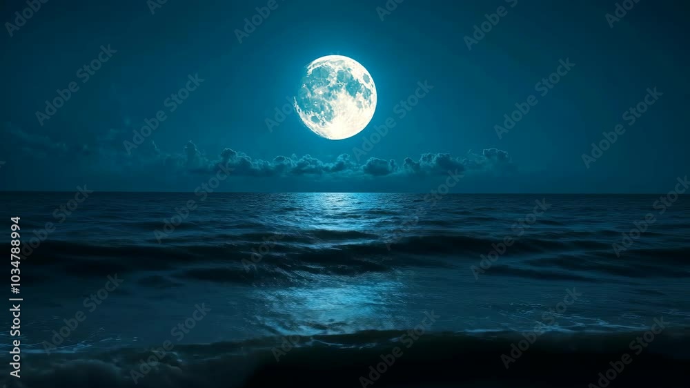 A full moon shines over a calm ocean at night